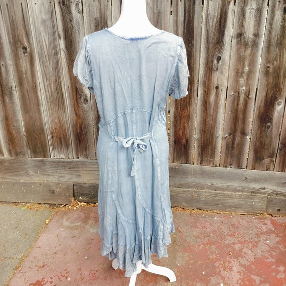 Coline Dress Blue Midi Embroidered Details Casual Cottagecore Bohemian Chambray - Picture 4 of 9